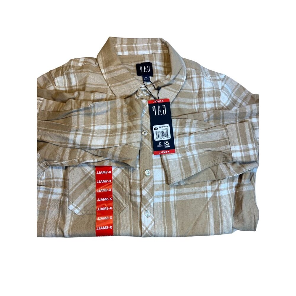 Gap Mens Tan & White Plaid Button-Up Shirt X-Small